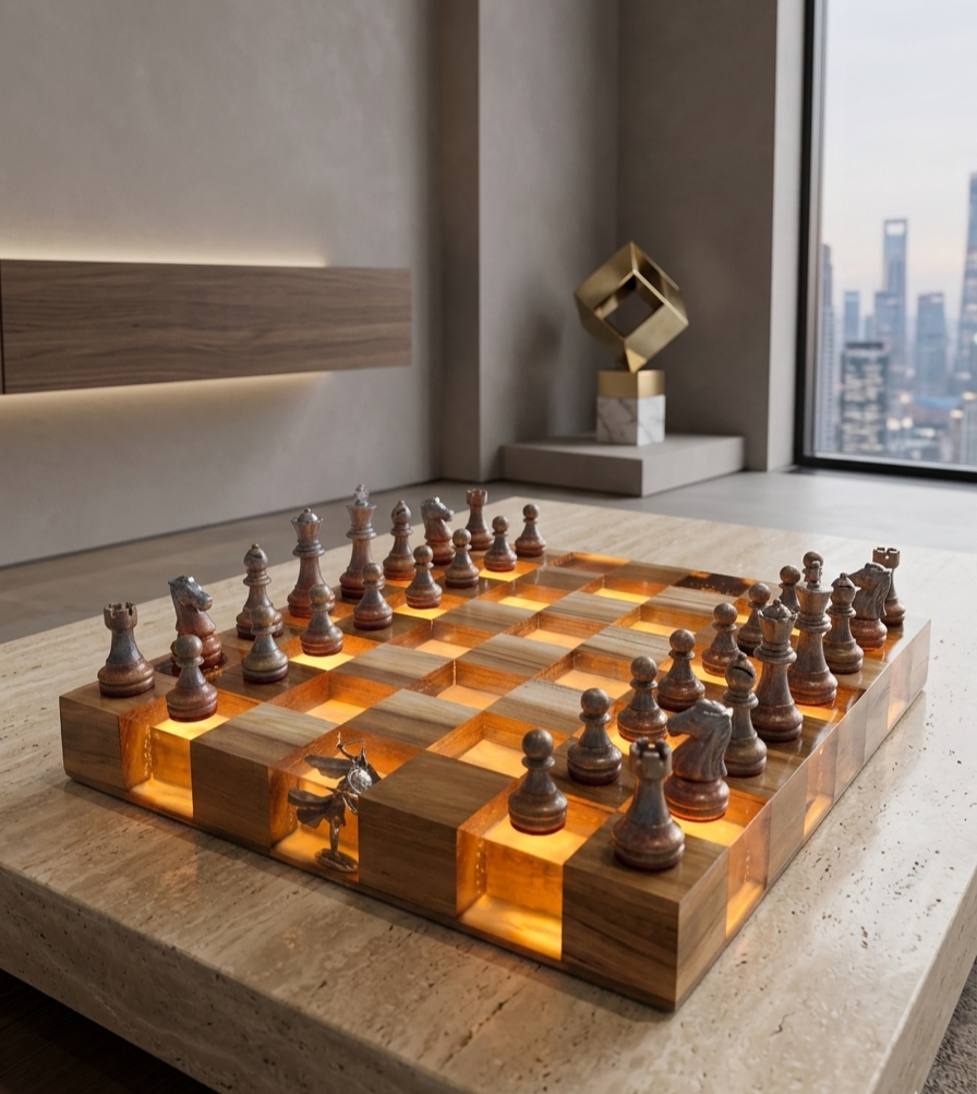 Luminous Sparta - Illuminated Teak & Resin Chess Set with Spartan Sculptural Elements