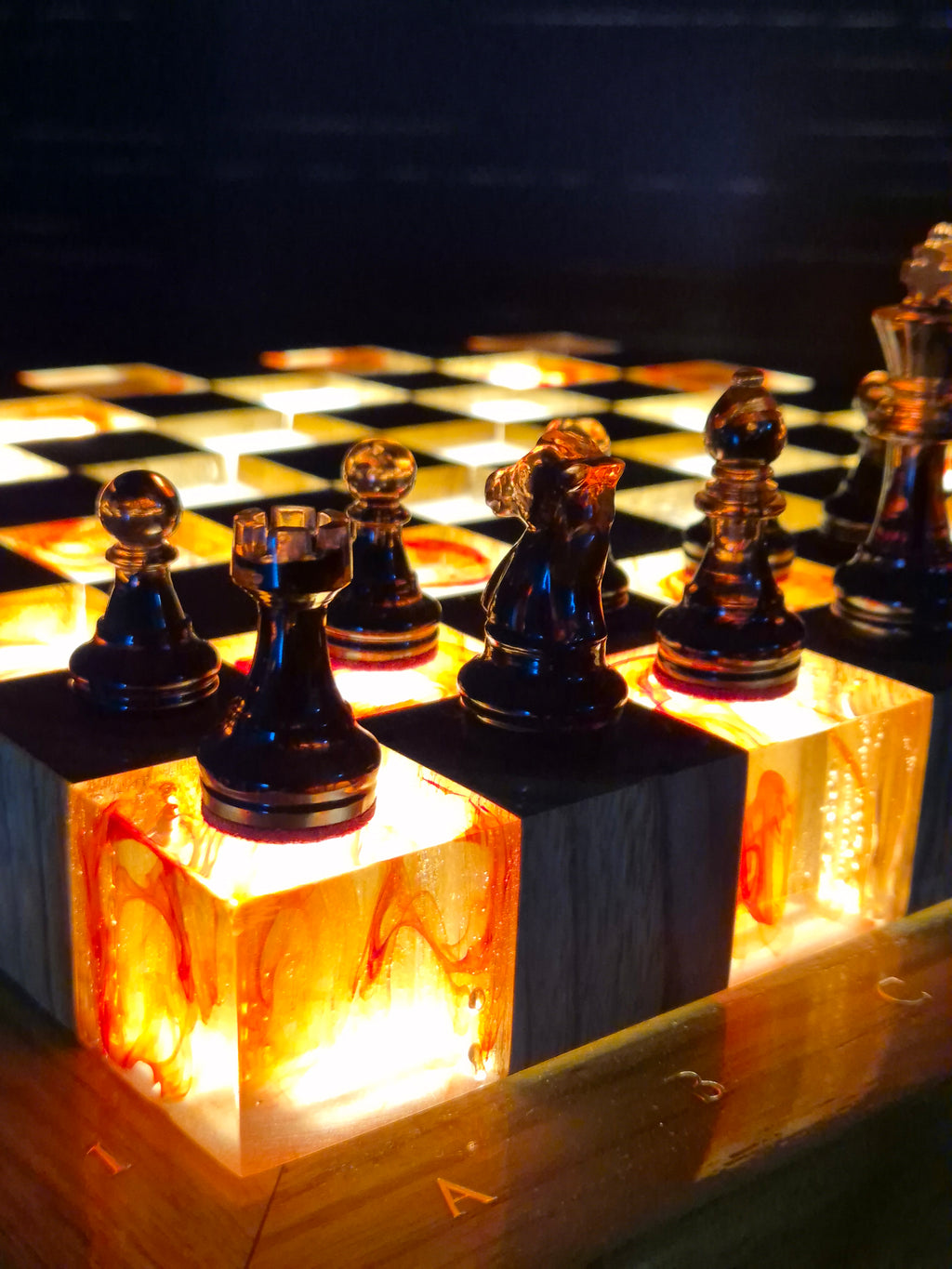 Luminous Inferno - Illuminated Teak & Resin Chess Set with Lava-Inspired Elements