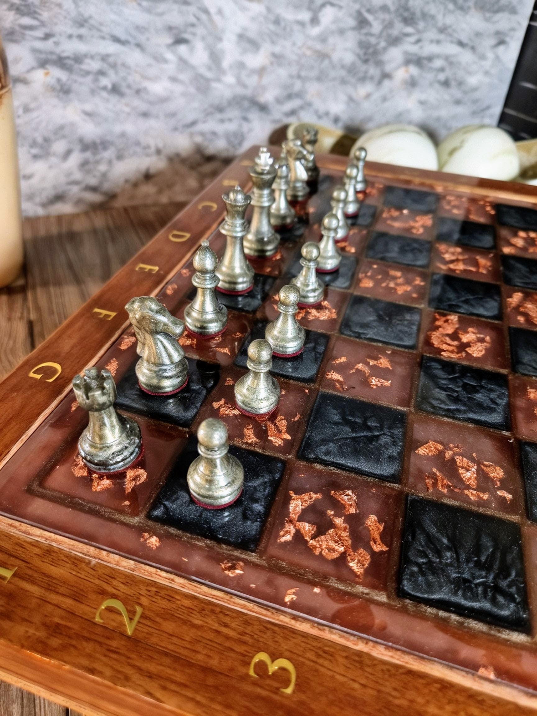 Royal Obsidian Ember, Teak Wood & Resin Chess Set with Metallic Leaf Accents
