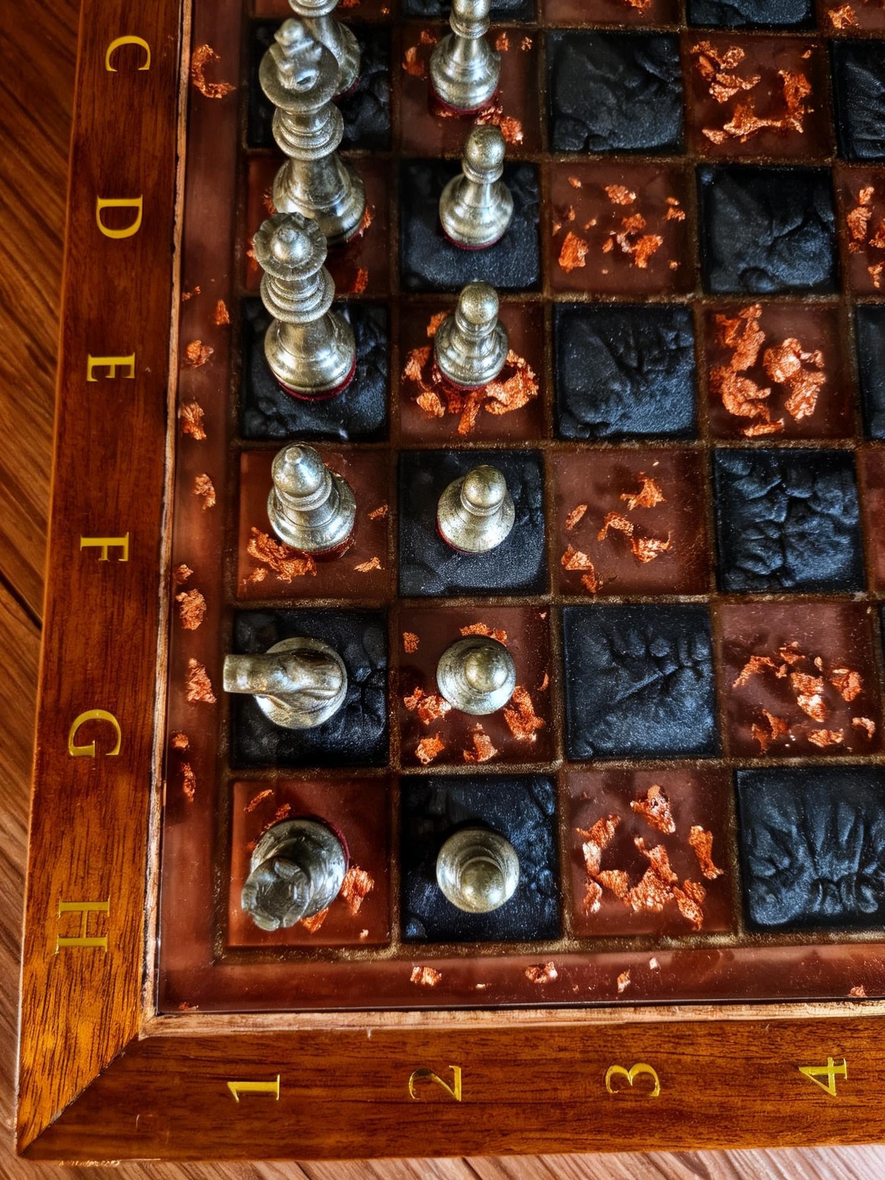 Royal Obsidian Ember, Teak Wood & Resin Chess Set with Metallic Leaf Accents