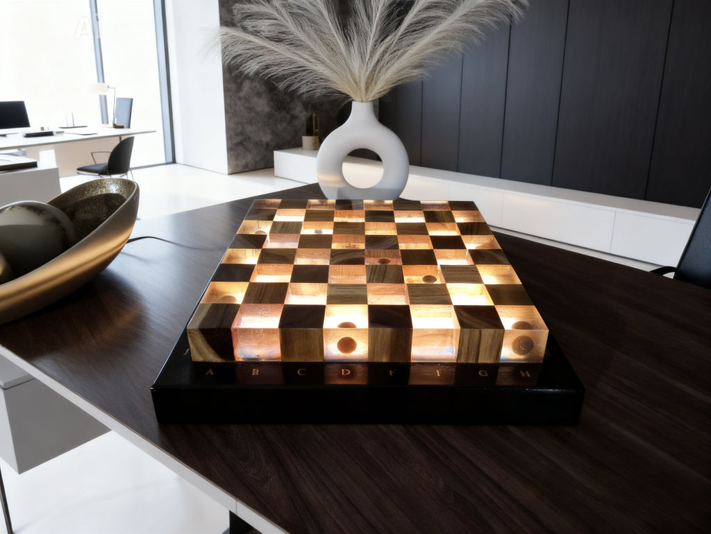 Luminous Nebula - Illuminated Teak & Resin Chess Set with Cosmic Elements