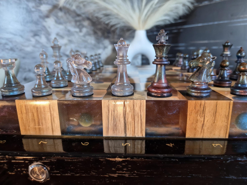 Luminous Nebula - Illuminated Teak & Resin Chess Set with Cosmic Elements