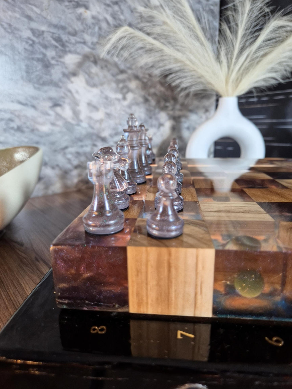 Luminous Nebula - Illuminated Teak & Resin Chess Set with Cosmic Elements