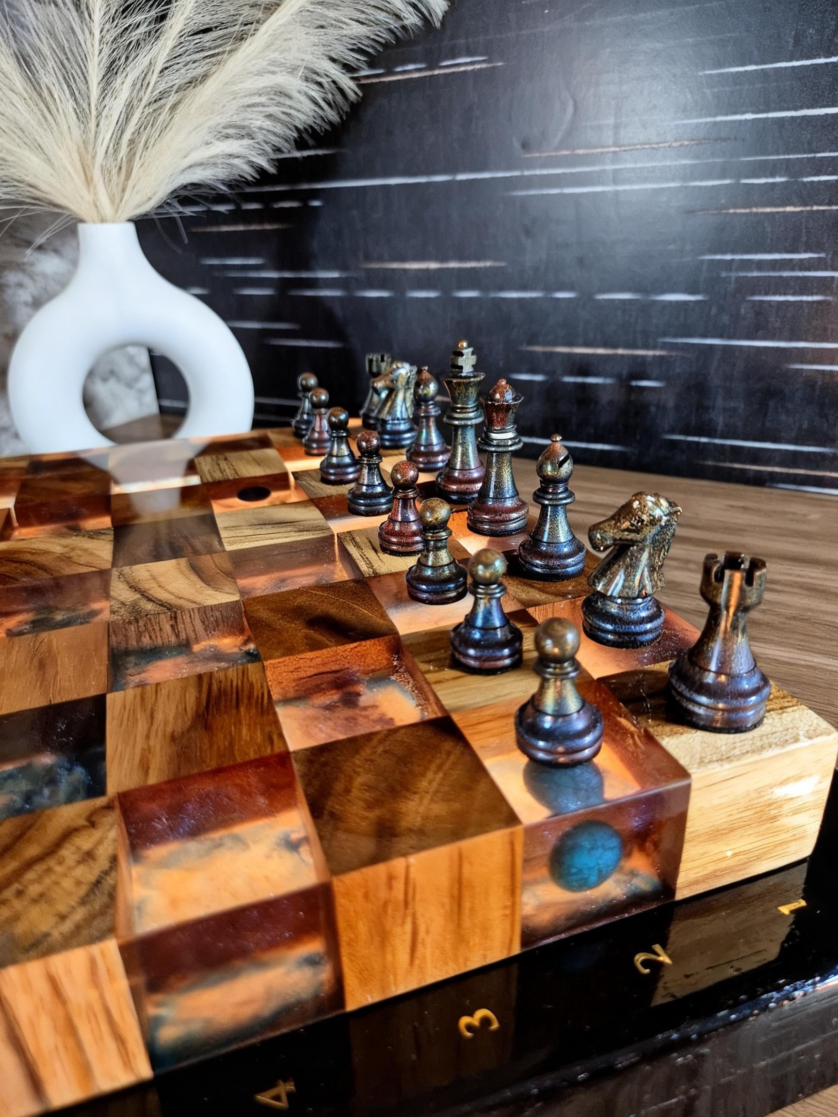 Luminous Nebula - Illuminated Teak & Resin Chess Set with Cosmic Elements