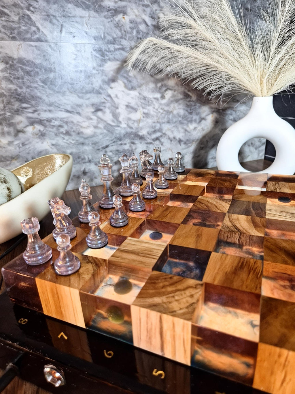 Luminous Sparta - Illuminated Teak & Resin Chess Set with Spartan Sculptural Elements