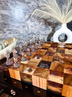 Luminous Sparta - Illuminated Teak & Resin Chess Set with Spartan Sculptural Elements