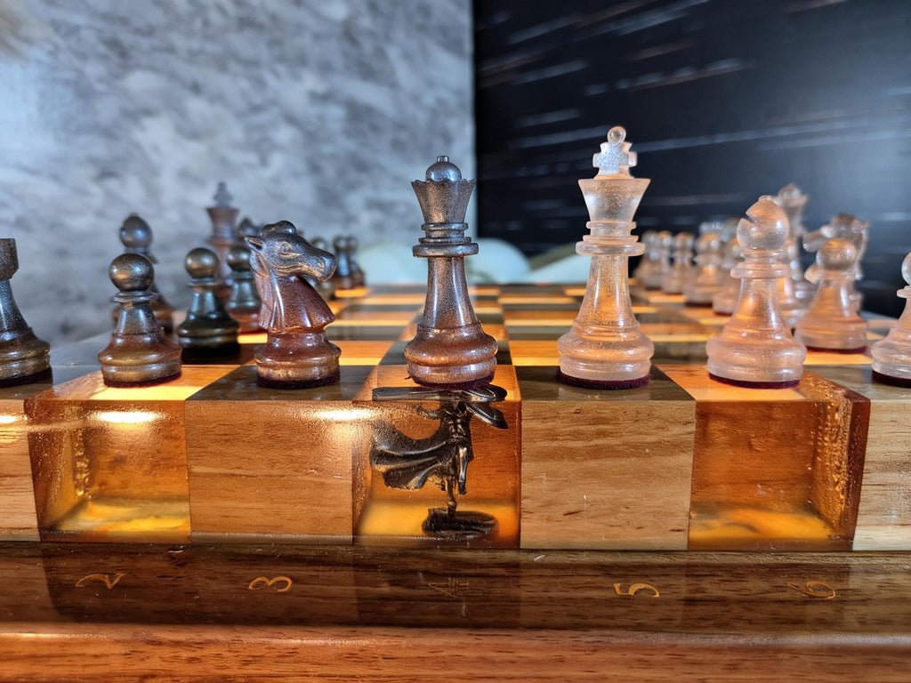 Luminous Sparta - Illuminated Teak & Resin Chess Set with Spartan Sculptural Elements