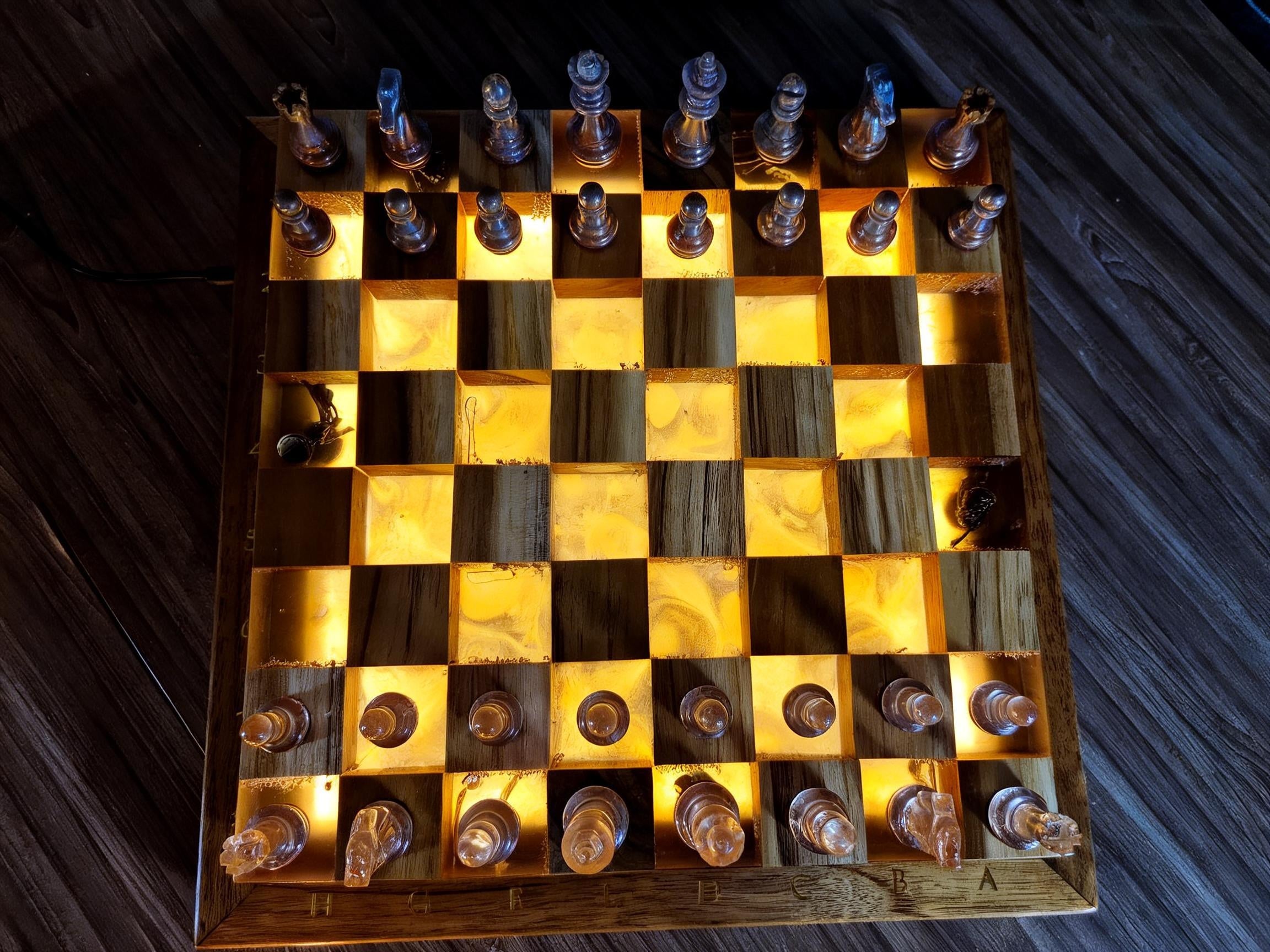 Luminous Sparta - Illuminated Teak & Resin Chess Set with Spartan Sculptural Elements